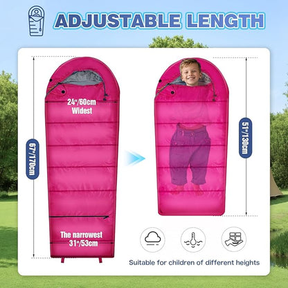 REDCAMP Kids Mummy Sleeping Bag for Camping, 3 Season Cold Weather Sleeping Bag Fit Boys,Girls & Teens, Blue/Rose Red
