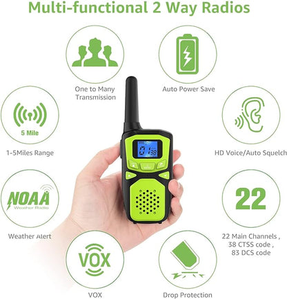 Adult Walkie Talkies Long Range Rechargeable Portable Two-Way Walkie Talkie, Camping Gear, SOS Sirens, NOAA Weather Alarms, Kid's Toys, Easy-to-Use Rechargeable Walkie Talkies,2 Packs