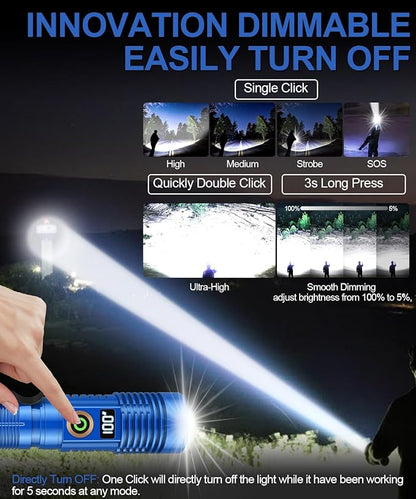 Rechargeable Flashlight High Lumens-12000LM Super Bright Magnetic Flash Light with Power Digital Display,3280Ft Long Range,Dimmable,Waterproof,Pocket LED Flashlights for Emergency Camping 2PC Blue
