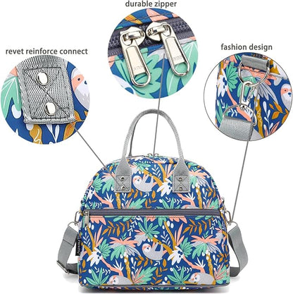 FlowFly Insulated Lunch Bag With Shoulder Strap for Women, Men, and Kids, Large and Reusable, Handle, Freezable Work and School Travel Tote and Meal Prep Organizer,Sloth