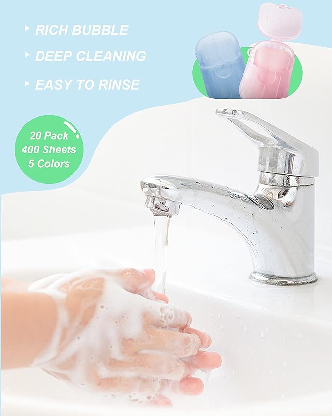 DF DUALFERV Paper Soap Sheets - 20 Pack (400 Sheets) for Hand Washing, Disposable Portable Kids Hand Soap for Travel Outdoor Camping
