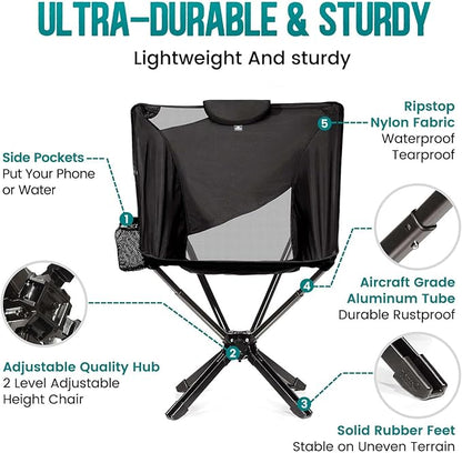 Portable High Back Camping Chair with Adjustable Height, Small Compact Outdoor Folding Chair for Adults Travel, Riselite Collapsible Lightweight Packable Camp Chairs, Easy Carry and Quick Setup