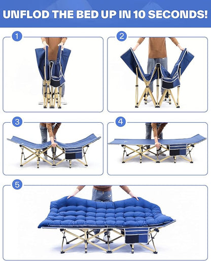 Sportneer Camping Cot: 1200D Double Layer Oxford Camping Cots for Adults - Heavy-Duty Foldable Cots for Camping Travel Tent Day Outdoor & Home Guest, Camping Cots with Mattress Carry Bag & 2 Pockets