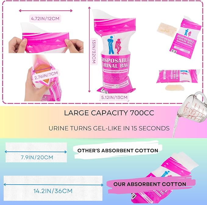 Disposable Urine Bag,12 Packs 700ML Disposable Urinal Bag for Travel, Emergency Portable Pee Bag and Vomit Bags, Toilet Bag for Camping, Traffic Jams, Pregnant, Patient, Kids (Pink - 12)