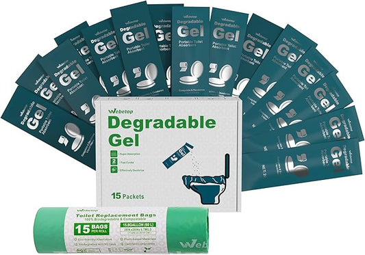 Webetop Degradable Gel Toilet Powder RV Toilet Liquid Waste Treatment Gelling and Deodorizing Powder with Disposal Bags for Camping Toilet, Composting Toilet or Emergency Portable Toilet