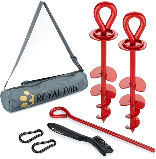 Dog Tie Out Stake - Heavy Duty Dog Stake for Large Dogs up to 210 lbs, Dog Stakes for Outside, Dog Anchor, and Dog Gadget | Use Any Dog Tie Out Cable or Dog Yard Leash (R2-Red (2-Pack))