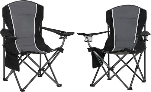 HIGH POINT SPORTS Oversized Camping Folding Chair, Heavy Duty Outdoor Chair with Armrest, Portable Lawn Chair with Cup Holder for Adults Support 350 LBS, 2 Pack, Gray-Black