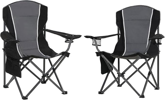 HIGH POINT SPORTS Oversized Camping Folding Chair, Heavy Duty Outdoor Chair with Armrest, Portable Lawn Chair with Cup Holder for Adults Support 350 LBS, 2 Pack, Gray-Black