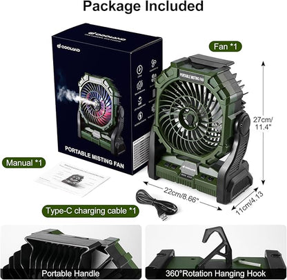 Odoland Portable Misting Fan with LED Light, 10000mAh Battery Operated Rechargeable Camping Mister Fan with 250mL Water Tank and Hook, Outdoor Tent Cooling Mist Fans for Patios Beach Home, Green