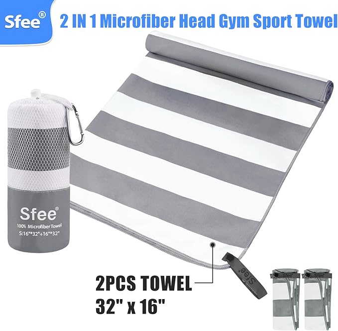 Sfee 2 in 1 Microfiber Travel Towel, Quick Dry Towel Camping Towel Beach Towel Super Absorbent Compact Lightweight Sports Towel Gym Towel Set for Gym, Hiking, Pool, Bath, Yoga (Small: 32''x16'')