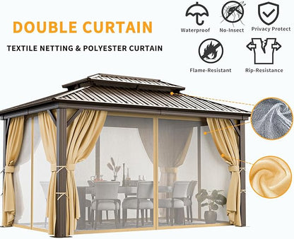 HOTEEL 10x12 Hardtop Gazebo on Clearance with Heavy Duty Galvanized Steel Double Metal roof,Aluminum Frame,Patio Gazebo with Curtains and Netting,Outdoor Permanent Pavillon for Backyard,Bronw