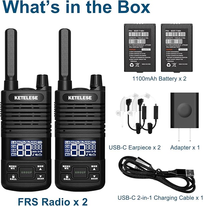 Walkie Talkies Long Range for Adults, Portable FRS Two Way Radio, Long Distance Waki Taki with Earpiece, USB, NOAA, VOX, Group Call for Cruise Ships, Camping, Restaurant, Hunting (2 Pack), Black