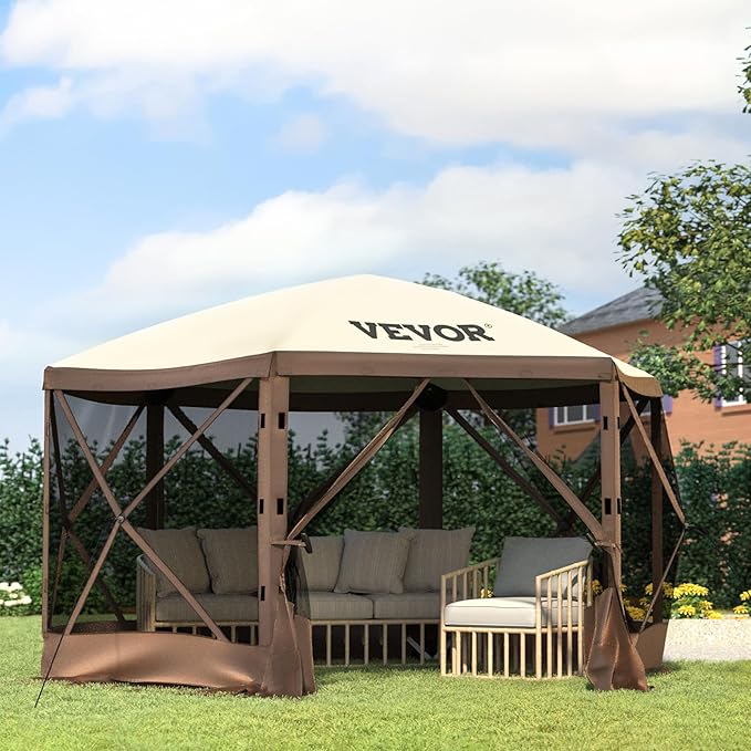 VEVOR 12x12ft Pop Up Gazebo Tent with Privacy Panels, Mosquito Netting & Removable Wind Cloths, 6-Sided Outdoor Canopy for Patio