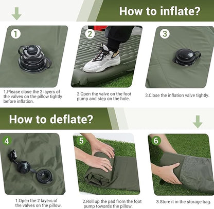 Elegear Double Sleeping Pad for Camping, 4" Ultra-Thick Self Inflating Camping Pad 2 Person with Pillow Built-in Foot Pump, Portable Camping Sleeping Mat for Backpacking, Hiking, Tent(Army Green Full)