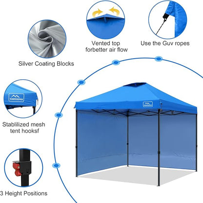 KAMPKEEPER 10x10 Pop Up Canopy Tent with 2 Sidewalls - Waterproof Outdoor Shelter for Sun Shade, Camping, Beach, Patio and Backyard Events, Blue
