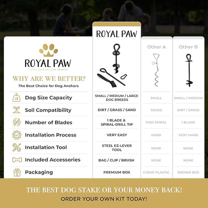 Dog Tie Out Stake - Heavy Duty Dog Stake for Large Dogs up to 125 lbs, Dog Stakes for Outside, Dog Anchor, and Dog Gadget | Use Any Dog Tie Out Cable or Dog Yard Leash (MB1-Midnight Black)