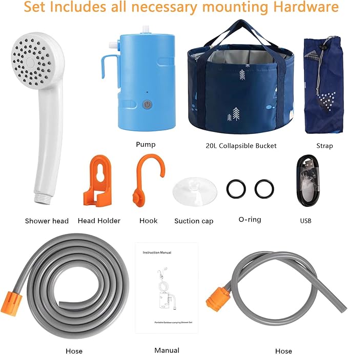 Portable Camping Shower, Built-in 4400mAh, USB Rechargeable IPX7 Waterproof Battery Shower Pump+Collapsible Bucket for Family Camp Hiking Backpacking Travel Beach Pet Flowering, Outdoor