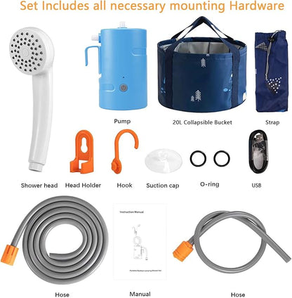 Portable Camping Shower, Built-in 4400mAh, USB Rechargeable IPX7 Waterproof Battery Shower Pump+Collapsible Bucket for Family Camp Hiking Backpacking Travel Beach Pet Flowering, Outdoor