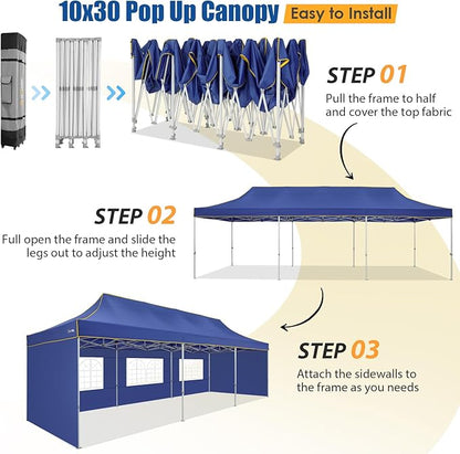 HOTEEL 10x30 Pop up Canopy Tent for Parties, Heavy Duty Easy Setup Tent with 5 Sidewalls, Outdoor Commercial Instant Gazebo for Wedding Event, with Roller Bag & Sand Bags, Dark Blue(Hexagonal Frame)
