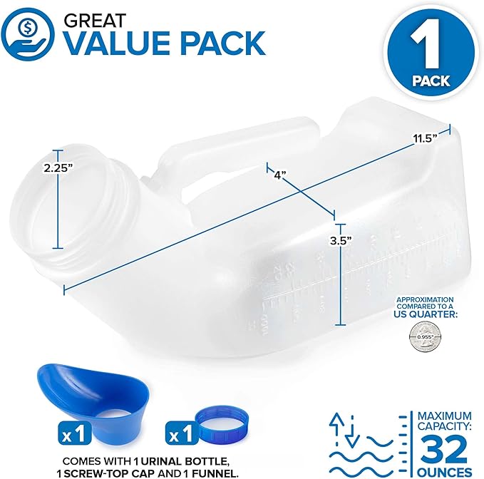 Unisex Urinal Bottle (2 Pack) - Portable Urinal for Women & Men - Female Urinal with Lid - 32 Oz Female Urination Device - Women Pee Funnel Cup for Emergency, Travel, Car & Camping - Stock Your Home