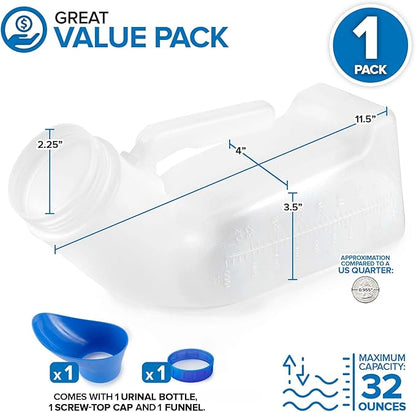 Unisex Urinal Bottle (2 Pack) - Portable Urinal for Women & Men - Female Urinal with Lid - 32 Oz Female Urination Device - Women Pee Funnel Cup for Emergency, Travel, Car & Camping - Stock Your Home