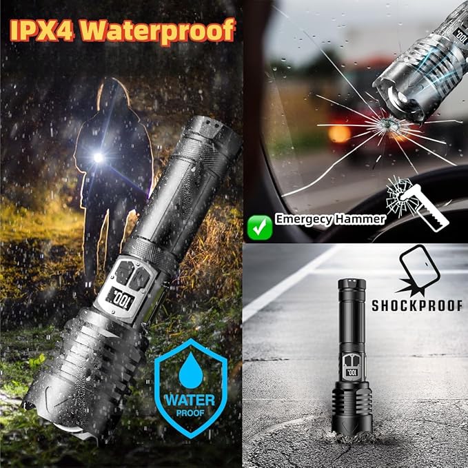 Ultra-Bright LED Flashlights Rechargeable with LCD Display: 25000 High Lumens, Adjustable Focus & USB Power Bank Capability, Dual Light Sources & 9 Modes Flashlight