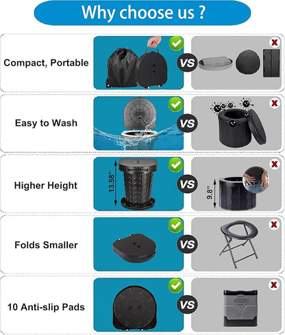 Fishboy Upgraded Portable Toilet for Camping, Adjustable Retractable Outdoor Toilet, Travel Potty with Carrying Handle and Storage Bag for Adults Kids for Hiking, Trips, Tent, Boat, Beach (Black)