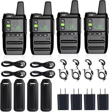 KSUN Walkie Talkies for Adults Rechargeable with Earpiece 22 FRS Channels LCD Screen,VOX Flashlight Rechargeable Battery Portable for Cruise Camping Hiking GZ20 (4 Pack)