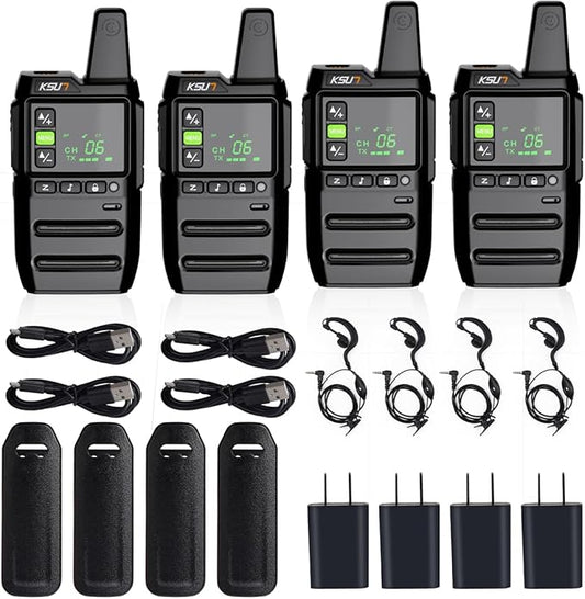 KSUN Walkie Talkies for Adults Rechargeable with Earpiece 22 FRS Channels LCD Screen,VOX Flashlight Rechargeable Battery Portable for Cruise Camping Hiking GZ20 (4 Pack)