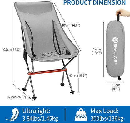 SHALLWE Camping Chairs, All Aluminum Frame Portable Folding Camp Chair for Adults, Heavy Duty High Back Collapsible with Built-in Pillow, Side Pocket, Carry Bag for Backpacking, Hiking, Beach
