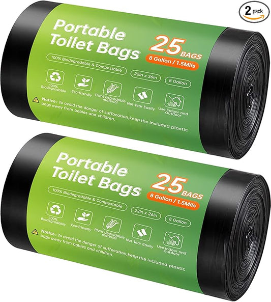 Portable Toilet Replacement Bags, 50 Count, 8 Gallon Capacity, Compostable, Leak-Proof, Durable, Versatile, and Compatible