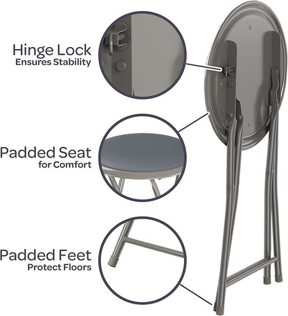 Round Folding Stool - Heavy-Duty 18-Inch Padded and Portable Stool with 300lbs Capacity for Dorm, Rec Room, or Game Room by Trademark Home (Gray)