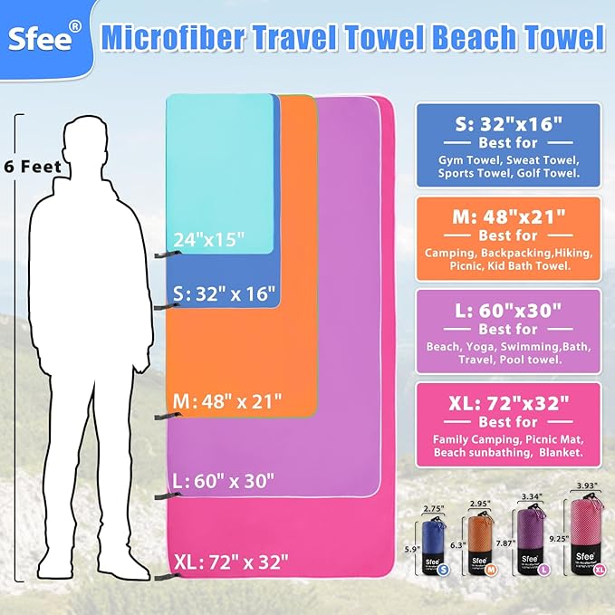 Sfee 2 Pack Microfiber Travel Towel, Quick Dry Towel Camping Towel Super Absorbent Compact Lightweight Sports Towel Swim Towel Gym Towel Beach Towel Set for Gym, Hiking, Pool, Backpacking, Bath, Yoga