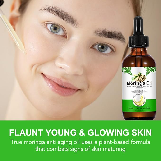 Premium Organic Moringa Oil Cold Pressed,Moringa Oil Unrefined for Hair & Skin Lightweight Face Oil, Natural Moisturizer in Glass Bottle 60ml