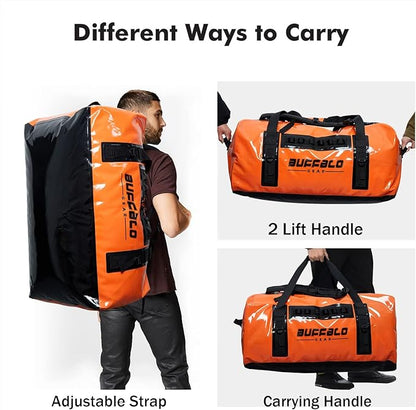 Buffalo Gear Waterproof Duffle Bag 120L Large Adventure Bag with Backpack Straps for Travel Hunting Camping Boating Kayaking Motorcycling Fishing