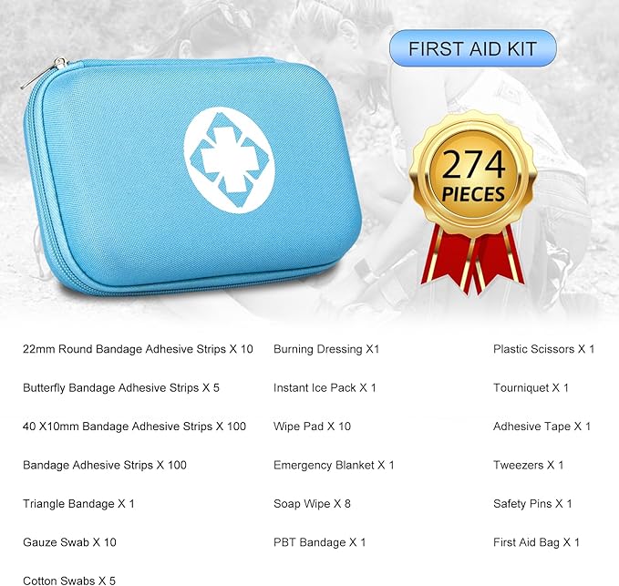 274PCS Car Travel First Aid Kit Supplies for Business, First Aid Backpacking Essentials Items Trauma Emergency Survival Kits for Home Outdoor Adventure, Blue Monoki