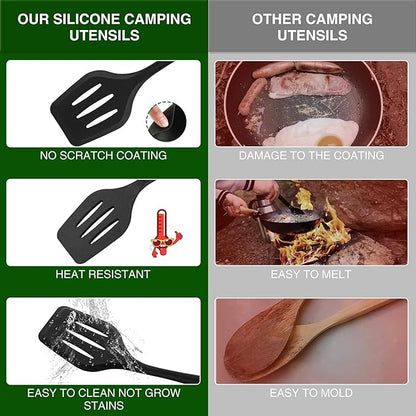 Camping Essentials Cookware Cooking Utensils Set - Portable Camp Kitchen Mess Kit Outdoor Accessories, Stainless Steel & Silicone, Camping Gear Equipment for RV Picnic Grill