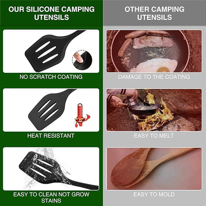 Camping Essentials Cookware Cooking Utensils Set - Portable Camp Kitchen Mess Kit Outdoor Accessories, Stainless Steel & Silicone, Camping Gear Equipment for RV Picnic Grill
