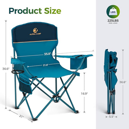 ALPHA CAMP Folding Camping Chairs for Adults Lawn Chairs Outdoor Chairs Support 250 LBS Portable Camp Chairs with Cup Holders Cooler Pouch for Outdoor, 2 Pack (Blue)
