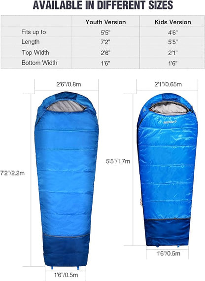 REDCAMP Kids Mummy Sleeping Bag for Camping, 3 Season Cold Weather Sleeping Bag Fit Boys,Girls & Teens, Blue/Rose Red