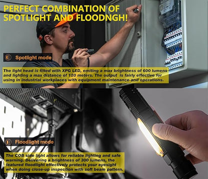 Rechargeable LED Flashlight 600 Lumens, Right Angle EDC Flashlight,Waterproof Led Mini Flashlight with Floodlight,Magnetic Work Flashlight for Hands-Free Lighting for Camping, Outdoor, Hiking