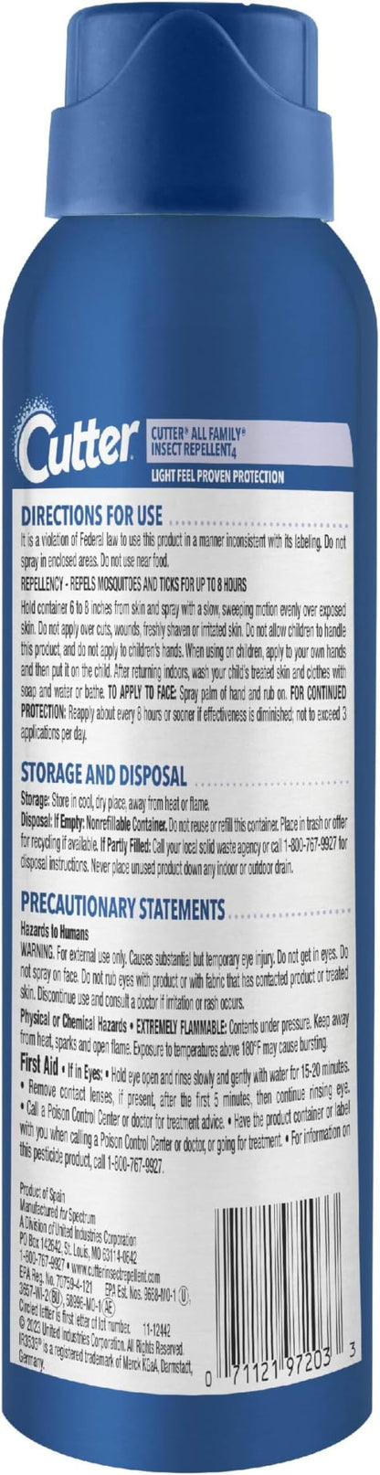 Cutter All Family Insect Repellent, 4 Ounces, [DEET-Free] Alternative Lightweight Aerosol Spray Repels Mosquitoes and Ticks for Up to 8 Hours of Complete Protection for The Entire Family (Pack of 2)