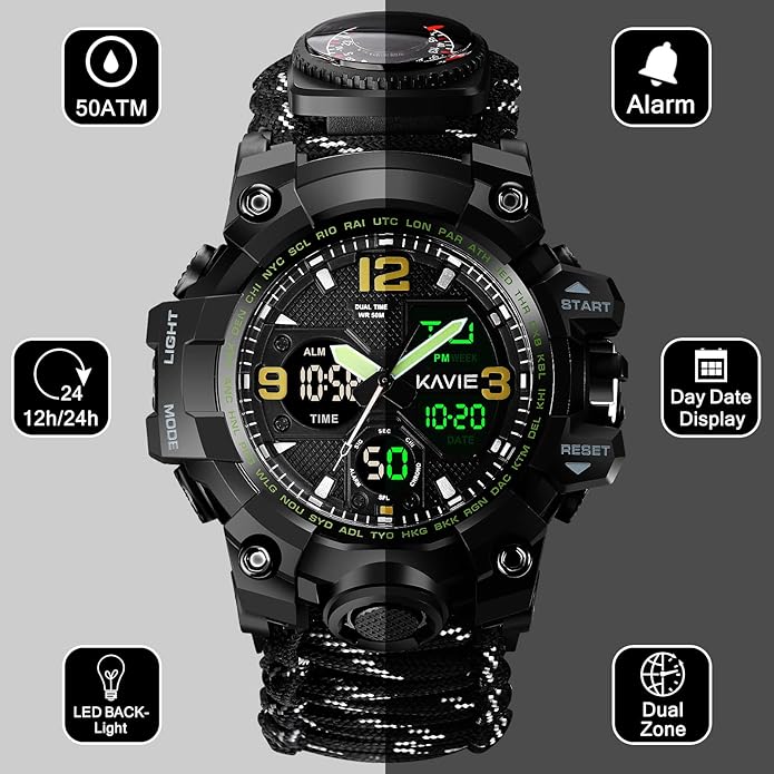 23-in-1 Survival Military Digital Watch, Mens Tactical Multi-Functional and Adjustable Wristband Outdoors Waterproof Sports Dual Dial Watches with Compass Paracord Band