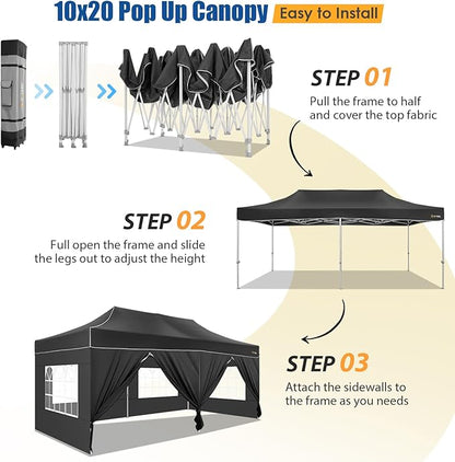 HOTEEL 10x20 Pop up Canopy Tent for Parties, Heavy Duty Easy Setup Tent with 6 Sidewalls, Outdoor Commercial Instant Gazebo for Wedding Event, with Roller Bag & Sand Bags, Black(Hexagonal Frame)