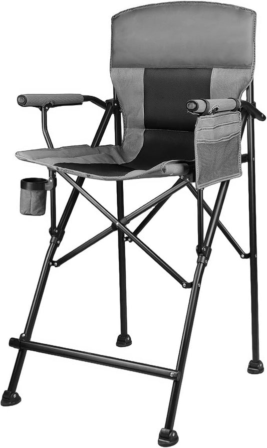 LANMONTAIN Extra Tall Directors Chair,Foldable w/Cup Holder,Side Mesh Pocket,Comfy Bar Height Camping Chairs for Adults,Heavy Duty Supports 350 Lbs,Hard Arm,Black&Grey