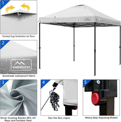 KAMPKEEPER Canopy Tent,Outdoor Canopy,10x10 Pop Up Canopy Tent for Commercial Garden Wedding Camping Party,3 Adjustable Height with Ropes and 4 Stakes (White)