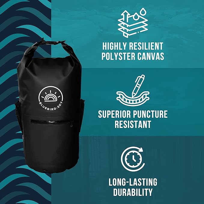 Waterproof Dry Bag with 2 Adjustable Straps, Waterproof Backpack, Essential Camping Accessories, Black, 23.2in x 9.45in - Size 20L