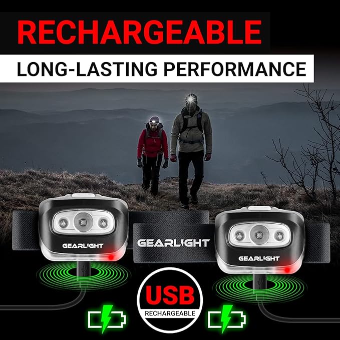 GearLight USB Rechargeable Headlamp Flashlight - S500 Running, Camping, and Outdoor LED Headlight Camping Headlamps - Head Lamp Light for Adults, Kids, Emergency Gear [2 Pack]
