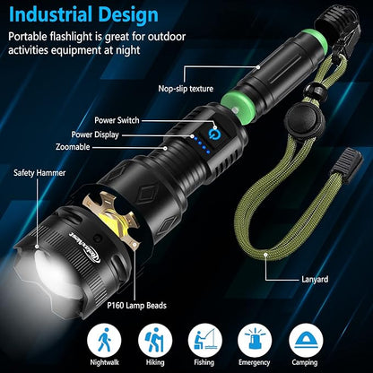 Rechargeable Flashlights High lumens, Powerful 300000LM Tactical Flashlights, 5 Modes LED Flashlight Zoomable, Brightest Flashlight Waterproof, Handheld Flash Light for Home, Emergencies, Camping