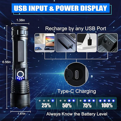 Flashlights High Lumens Rechargeable, Super Bright 900000 High Lumen 15 Hours Long Life LED Tactical Flashlight, 5 Light Modes, IPX7 Waterproof High Powered Flash Lights,Suitable for Emergency, Hiking
